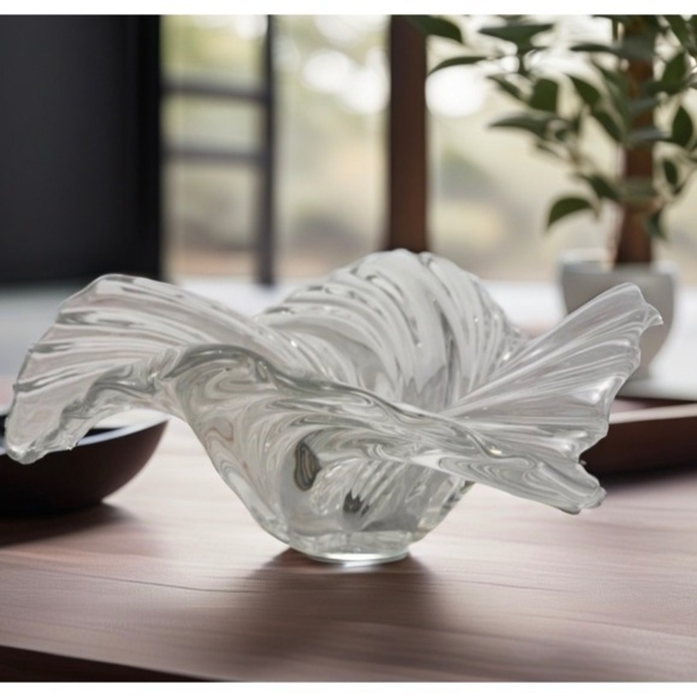 Vtg 80's Mikasa Art Glass Bowl Clear Swirl Ruffled Edge Centerpiece Germany